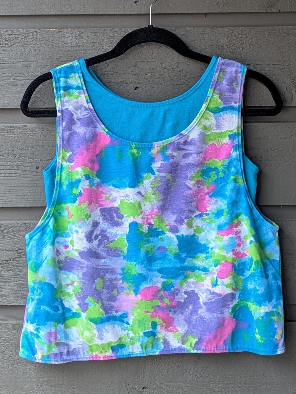 VTG 80s Jacques Moret Aqua Watercolor Floral Layered Crop Top Tank Size Large